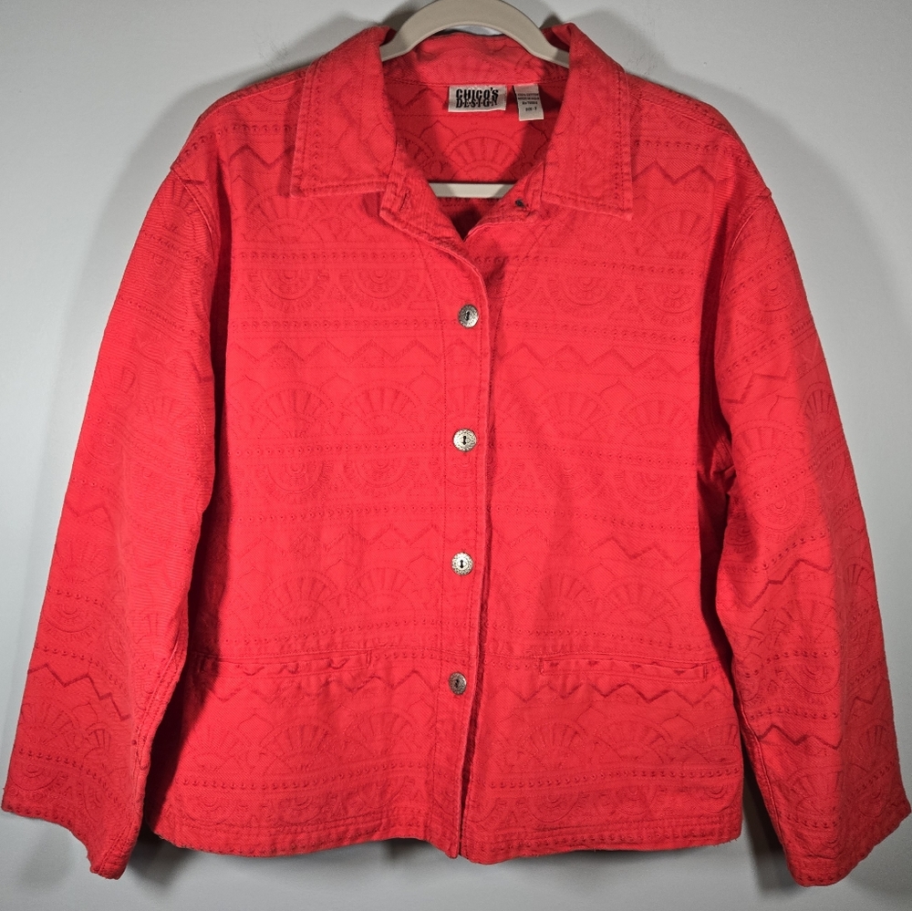 Vintage Chico’s Design Red Denim Jacket Embroidered 80s 90s Oversized Sz‎ 3
